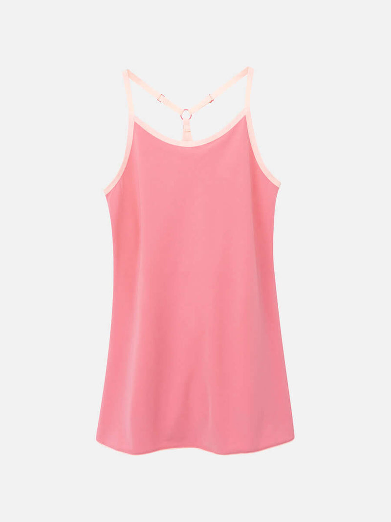 Girls Exercise Dress in a vibrant pink color with adjustable straps and a stylish back design.