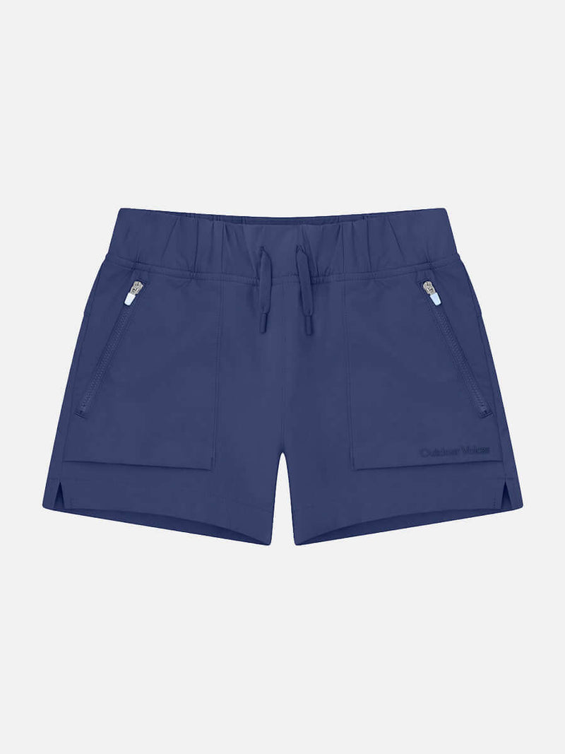 Girls RecTrek Short in navy blue, featuring elastic waistband and zippered pockets for adventure-ready comfort.