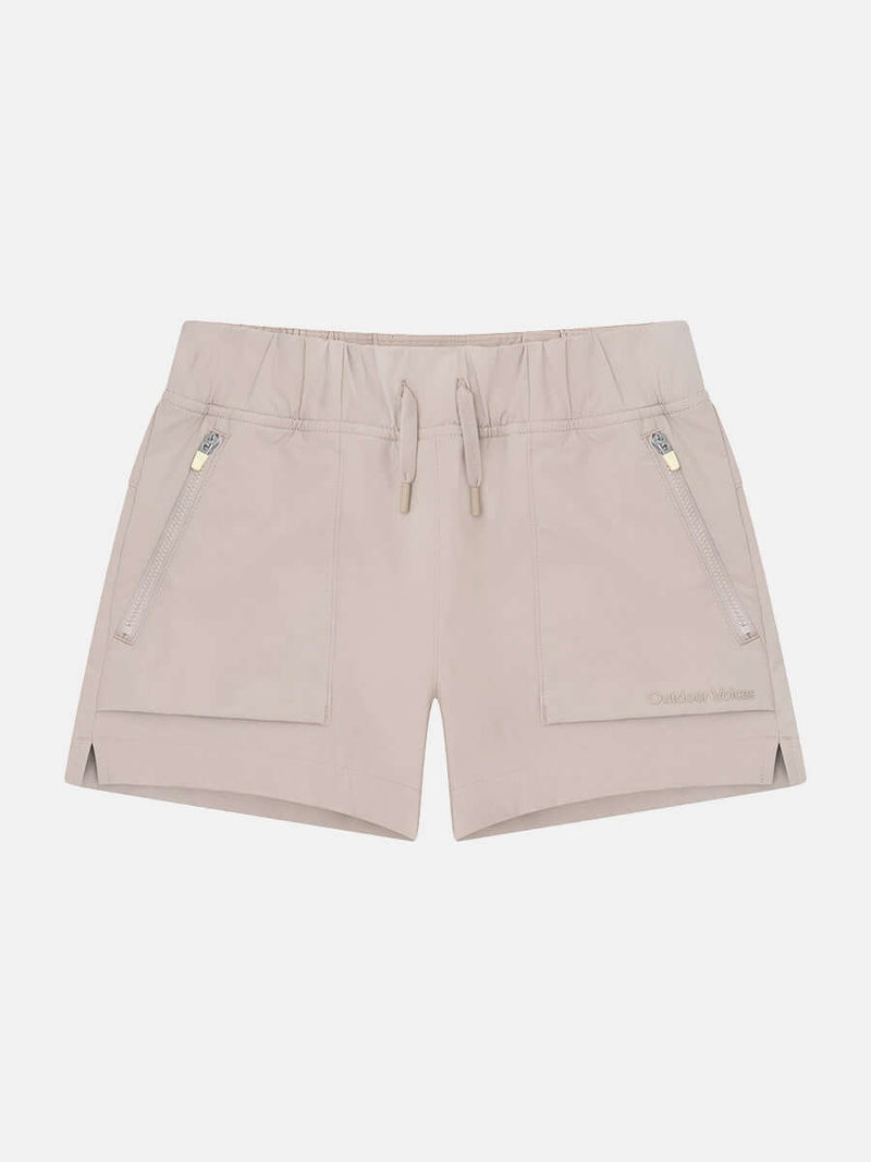 Girls RecTrek Short in beige with zippered pockets and adjustable waistband for comfort and style.