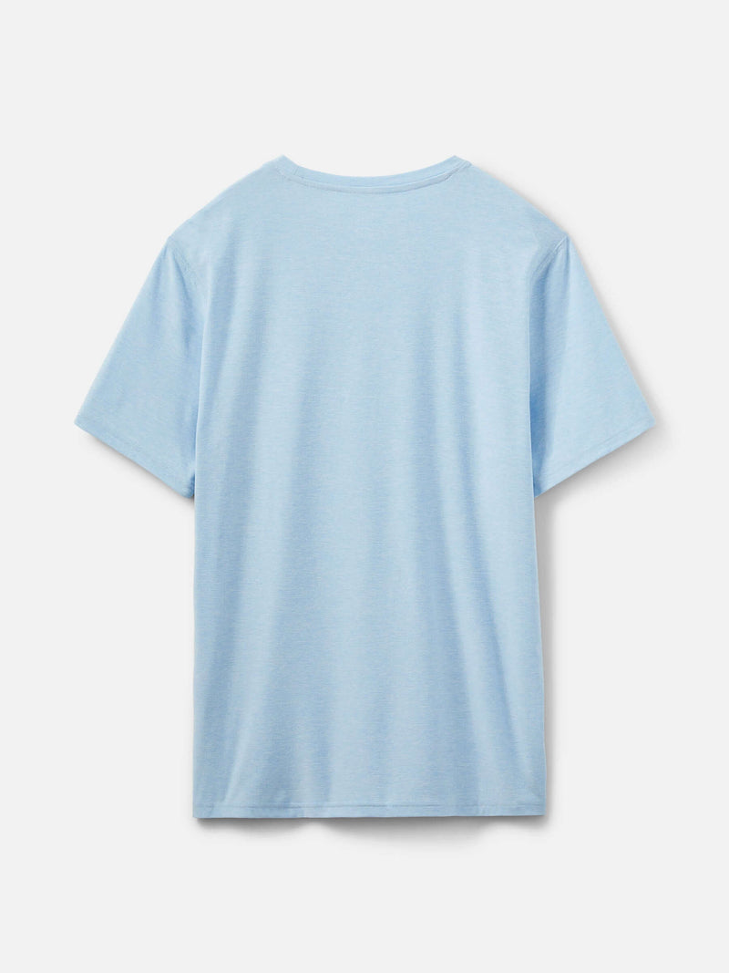 CloudKnit Shortsleeve back view showcasing the super soft, lightweight fabric in a calming blue color.