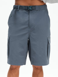 Men's RecTrek Cargo Short in Dark Storm – front close-up of belted waist and cargo pockets