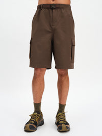 Men's RecTrek Cargo Short in Soil – front view on model with hiking boots
