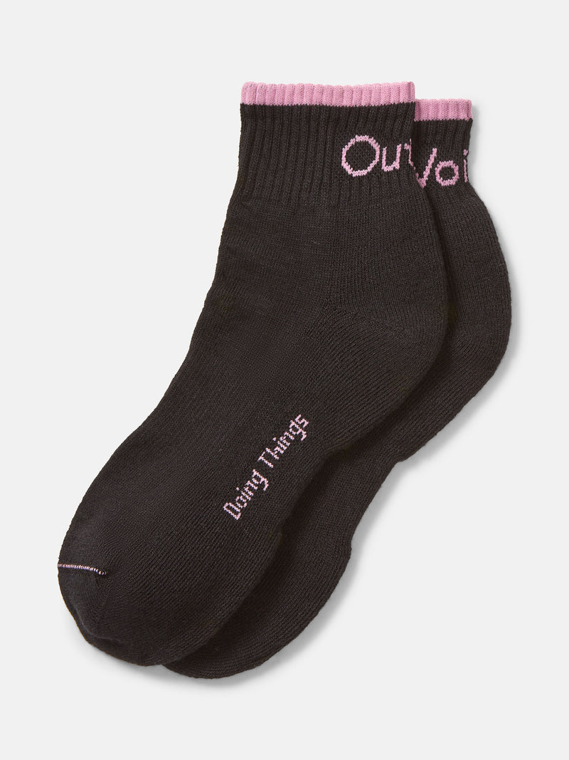 OV Rec Ankle Tipped Sock in black with pink accents and text, designed for daily activities and comfort.