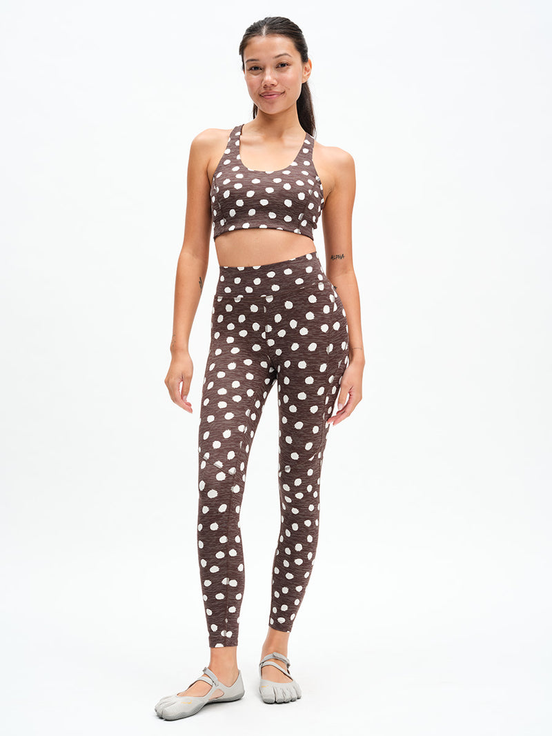 Doing Things Bra in Dark Bay Polka Dot – front full-length view styled with matching leggings