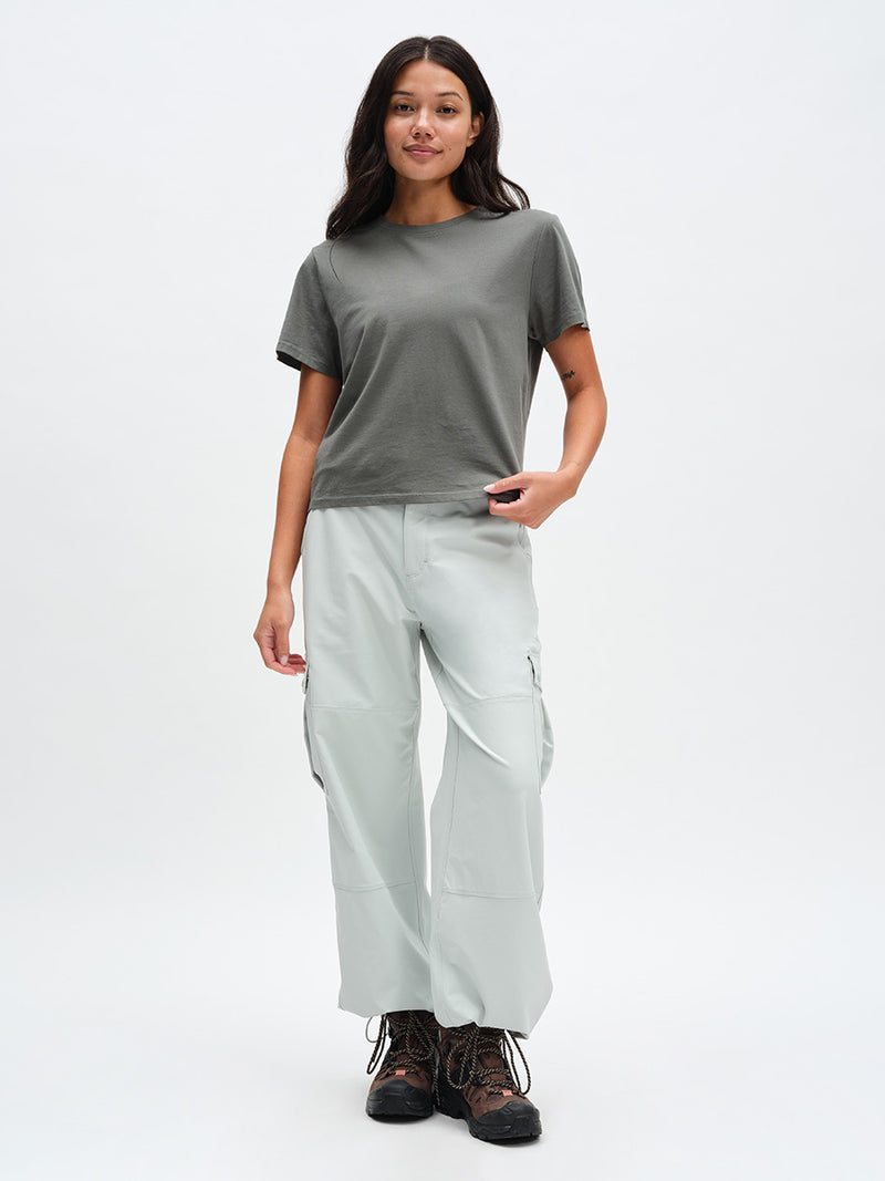 Everyday Shortsleeve in Blue Gum – front full-length view styled with cargo pants