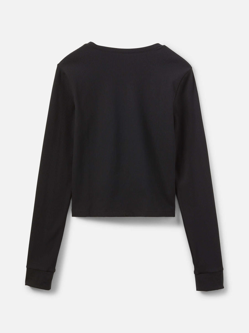 Back view of the SuperForm Rib Longsleeve, showcasing its sleek, cropped design in black.