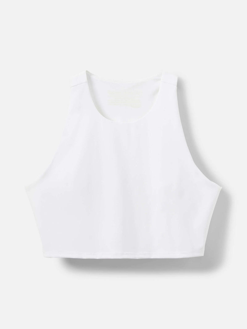 SuperForm Crop Top in white with high-coverage neckline and built-in shelf bra for light support during workouts.