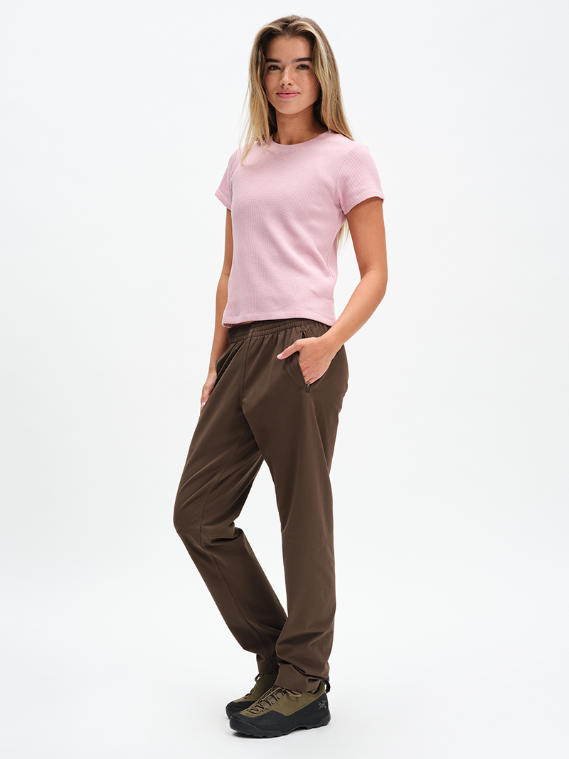 Waffle Baby Tee in Dusty Pink – front full-length view styled with cargo pants