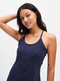 The Exercise Dress in Navy – front close-up of scoop neck and straps