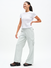 RecTrek Cargo Pant in Mint Dust – three-quarter full-length view styled with Waffle Baby Tee