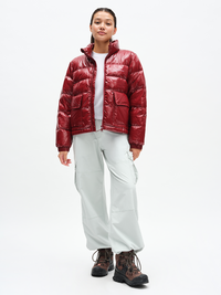 RecTrek Cargo Pant in Mint Dust – front full-length view styled with Gloss Puffer in Berry Baby