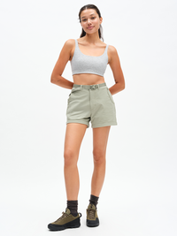 RecTrek Zip-Off Pant in Eucalyptus-Sky-Mint Dust – front view worn as shorts