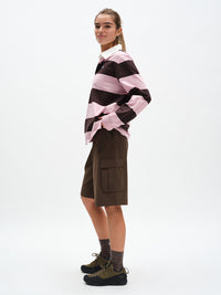 RecTrek Cargo Short in Soil – side full-length view styled with striped rugby shirt