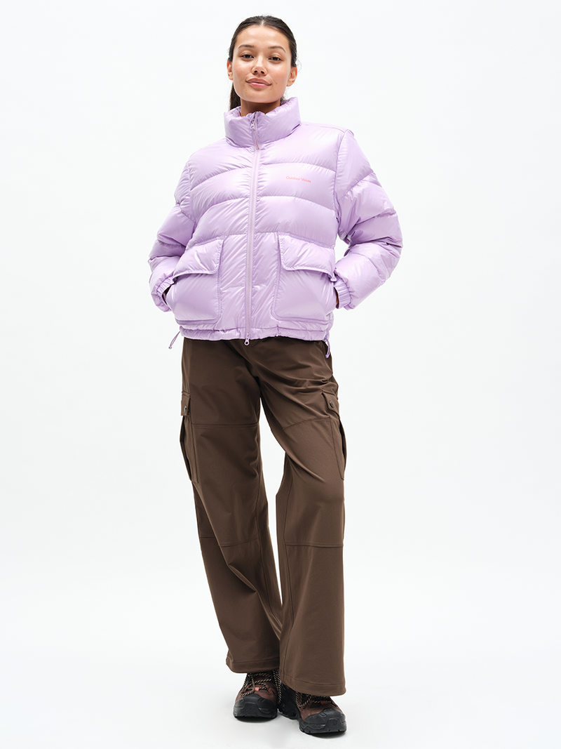 Gloss Puffer in Lilac Swirl – front full-length view styled with cargo pants