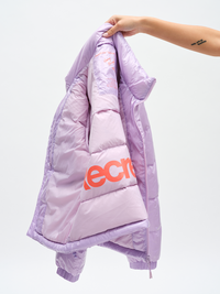 Gloss Puffer in Lilac Swirl – held open to show interior graphic