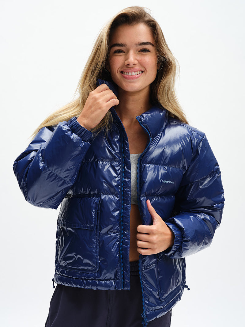 Gloss Puffer in Moonlight – front view unzipped