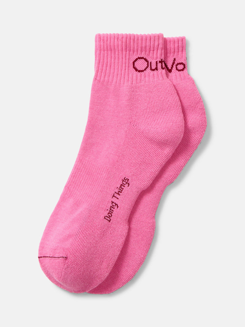 Flat lay of OV Rec Ankle Sock in Pink, featuring a reinforced toe and heel with soft cushioned bottom.