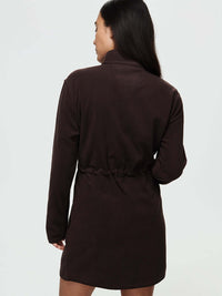Back view of Boulder Dress in Dark Brown with adjustable waist toggles for a custom fit.