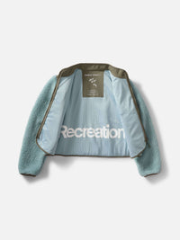 Inside view of Candy Fleece Jacket in Light Blue, featuring the word ‘Recreation’ printed large.