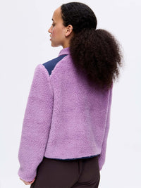 Back view of Candy Fleece Jacket in Lavender, featuring contrast technical nylon panels at the shoulders.