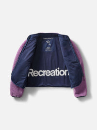 Interior view of Candy Fleece Jacket in Lavender, featuring a bold 'Recreation' print lining.