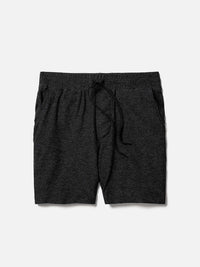 Flat lay of CloudKnit 7" Short in Charcoal, featuring a comfort fit adjustable waistband and side pockets.