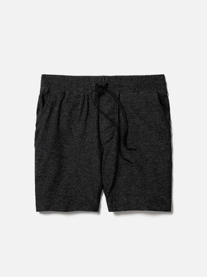 Flat lay of CloudKnit 7" Short in Charcoal, featuring a comfort fit adjustable waistband and side pockets.