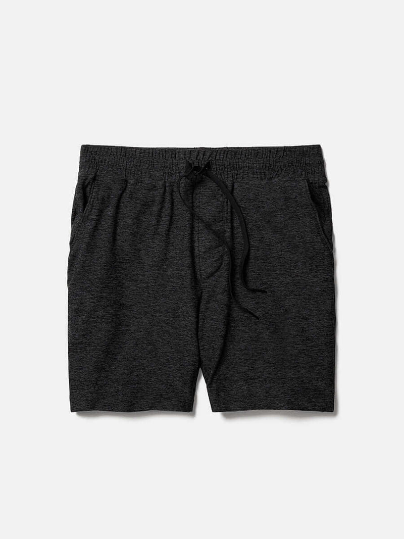 Flat lay of CloudKnit 7" Short in Charcoal, featuring a comfort fit adjustable waistband and side pockets.