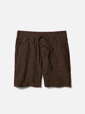 Flat lay of CloudKnit 7" Short in a rich brown color, featuring an adjustable waistband and side pockets.