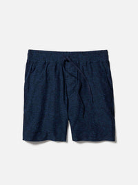 Flat lay of CloudKnit 7" Short in Navy, featuring a comfort fit adjustable waistband and side slit pockets.