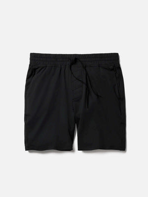 Flat lay of CloudKnit 7" Short in Black, featuring a comfort fit adjustable waistband and side pockets.