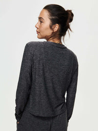 Back view of CloudKnit Boxy Longsleeve in Dark Heather, featuring a relaxed fit and lightweight fabric.