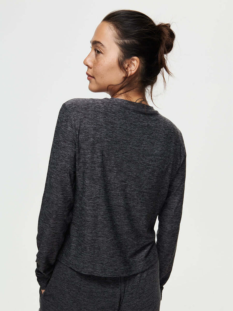 Back view of CloudKnit Boxy Longsleeve in Dark Heather, featuring a relaxed fit and lightweight fabric.