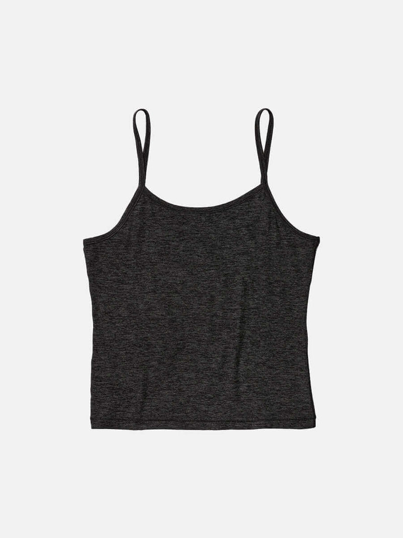 CloudKnit Cami in soft black fabric, featuring a feminine neckline and slim fit for ultimate comfort.