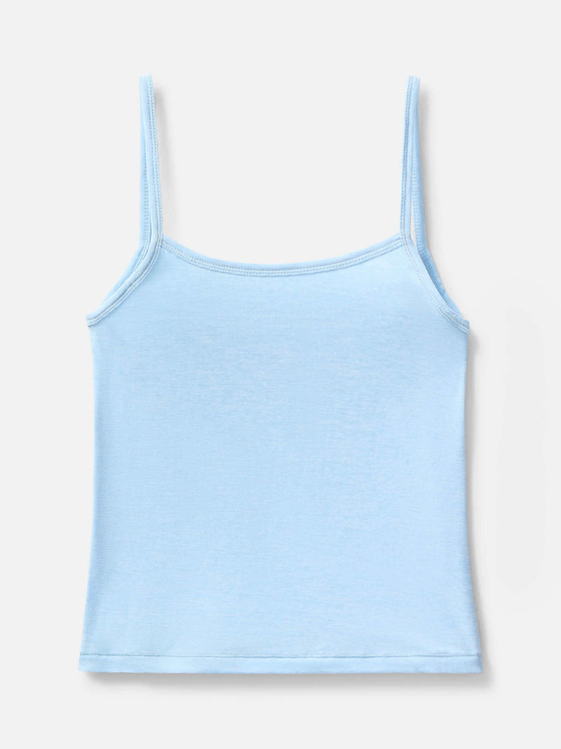 Flat lay of CloudKnit Cami in Light Blue with slim fit and adjustable straps, for lounging.