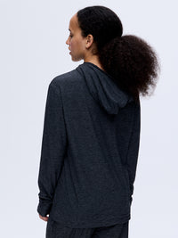 Back view of CloudKnit Hoodie in Charcoal, featuring a cozy hood and relaxed fit, ideal for lounging.
