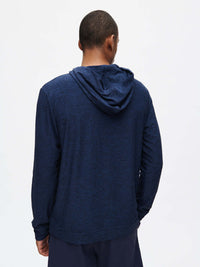 Back view of CloudKnit Hoodie in Navy, featuring a lightweight and breathable fabric for low-sweat activities.