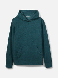 Flat lay of CloudKnit Hoodie in Teal, featuring a large kangaroo pocket and soft, breathable fabric.
