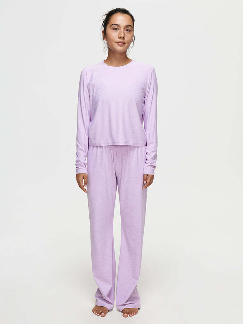 Model standing in CloudKnit Boxy Longsleeve in Lavender, cropped length with relaxed fit, paired with matching pants.