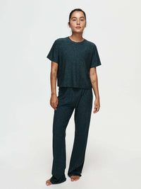 Woman wearing a soft CloudKnit Wide Leg Pant paired with a matching top, with comfort and style.