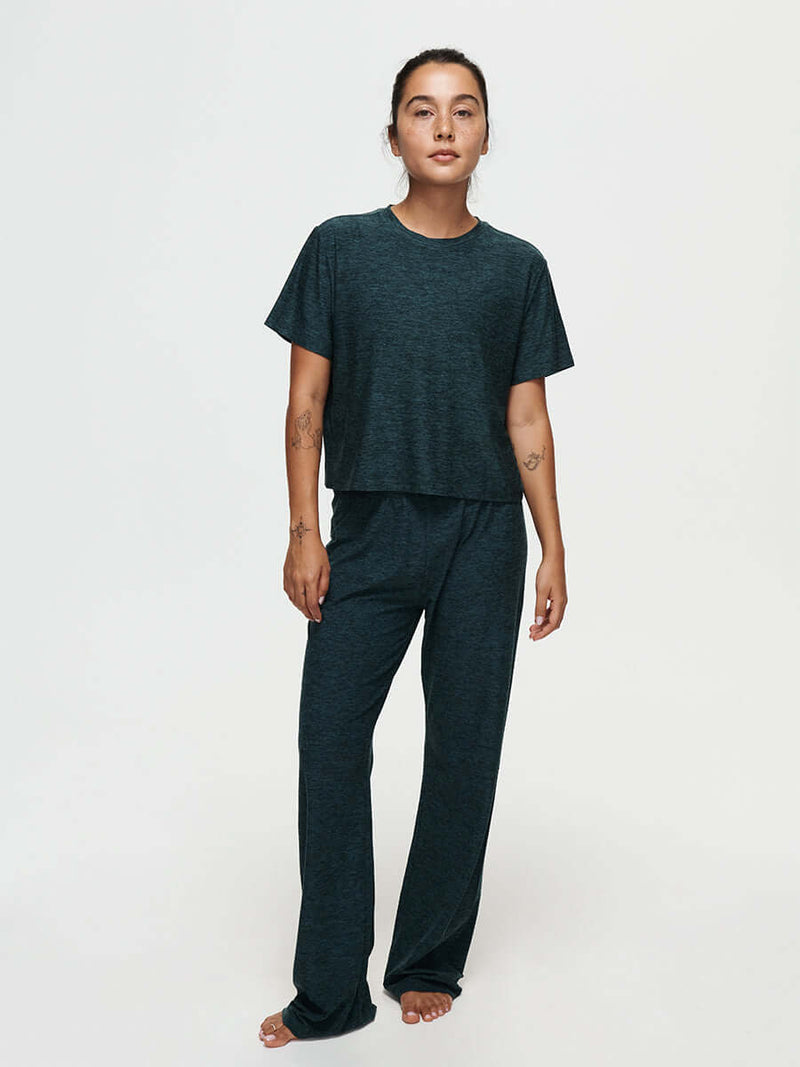 Woman wearing a soft CloudKnit Wide Leg Pant paired with a matching top, with comfort and style.