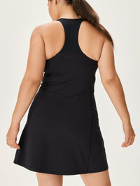 Back view of Doing Things Dress in Black, with the racerback and breathable TechSweat fabric.