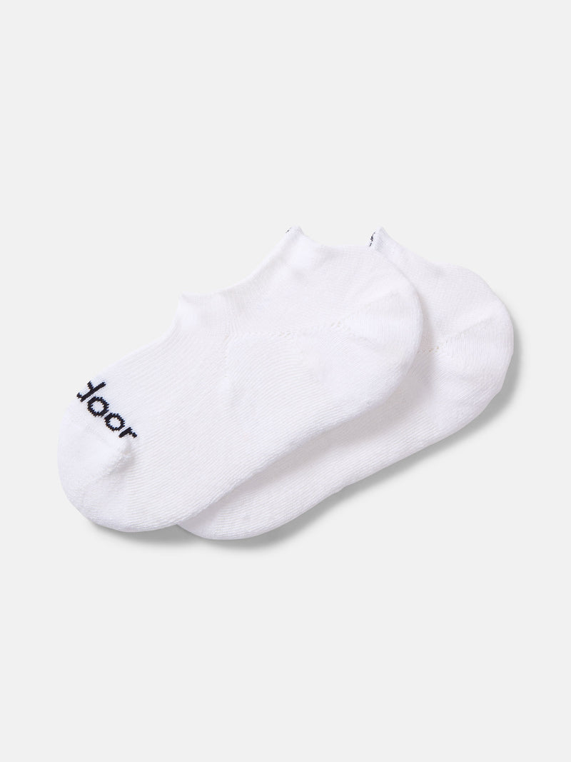 Flat lay of OV No Show Sock in White, made with soft RecKnit fabric for comfort.