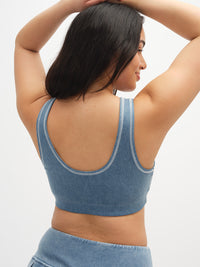 Back view of Orbit Bra in denim-like texture, highlighting soft-fit elastic for comfort and support.