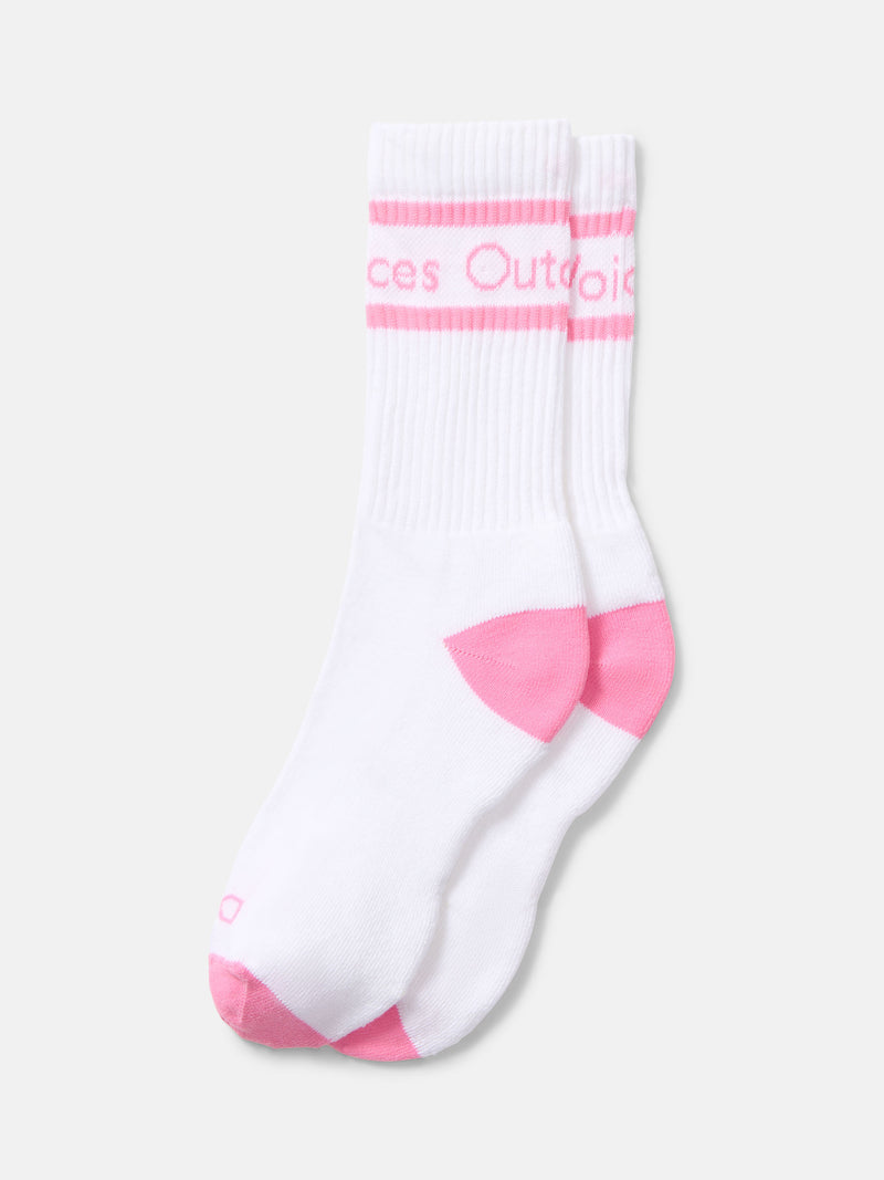 Flat lay of OV Club Crew Sock in White and Pink, featuring sweat-wicking fabric and “Doing Things” print.