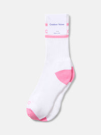 Flat lay of OV Club Crew Sock in White and Pink, featuring sweat-wicking fabric and 'Doing Things' printing.