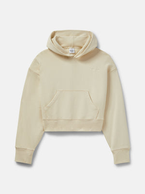 Front view of Pickup Organic Cropped Hoodie in Cream, featuring a cozy hood and practical front pocket.
