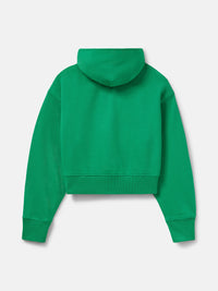 Back view of Pickup Organic Cropped Hoodie in vibrant green, with its cropped length and hood.
