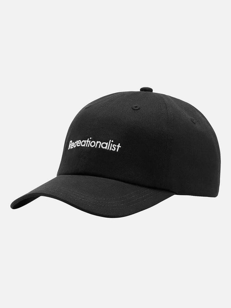 Angled view of Recreationalist Hat in Black, featuring embroidered logo on front for casual style.