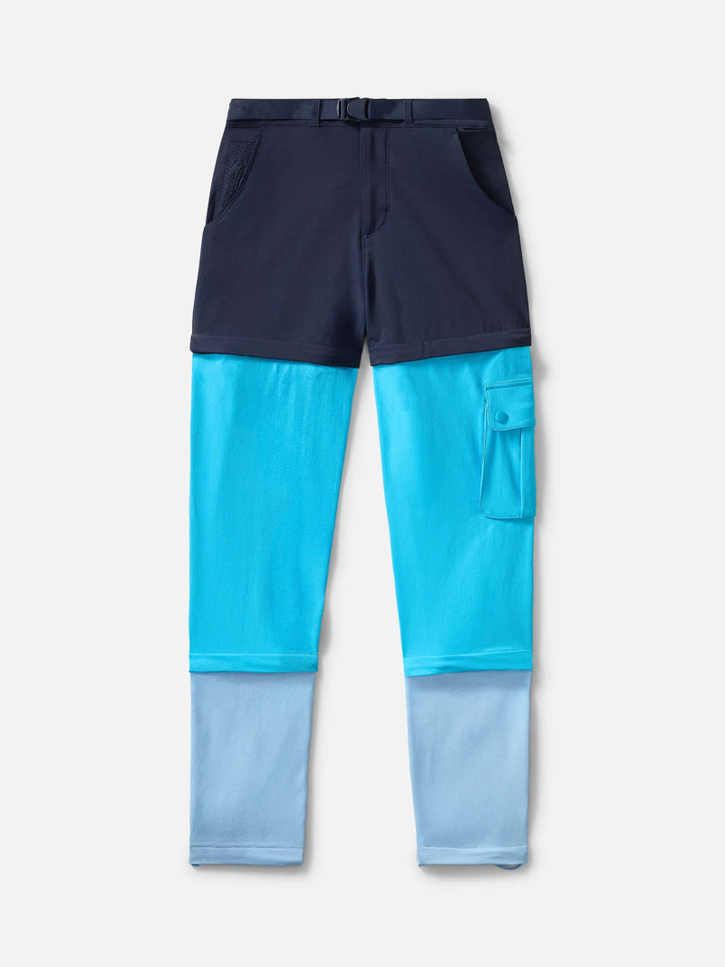 Flat lay of RecTrek Zip-Off Pant in mixed blue hues, featuring zip-off sections and multiple pockets.